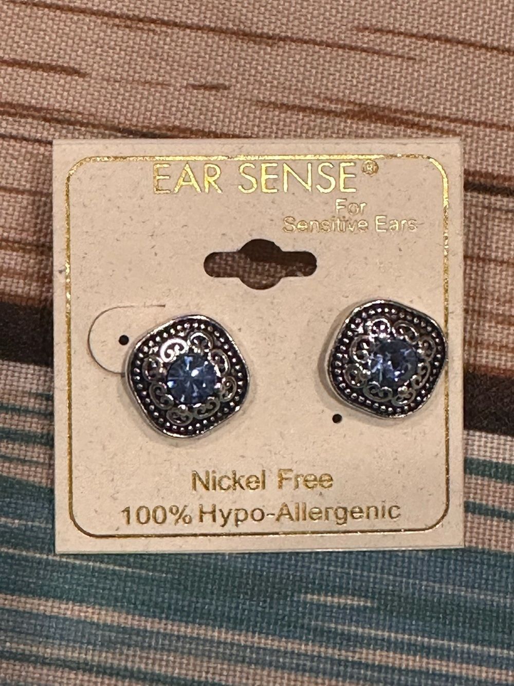Ear Sense Silver-Tone Blue Crystal Stud Earrings hypoallergenic